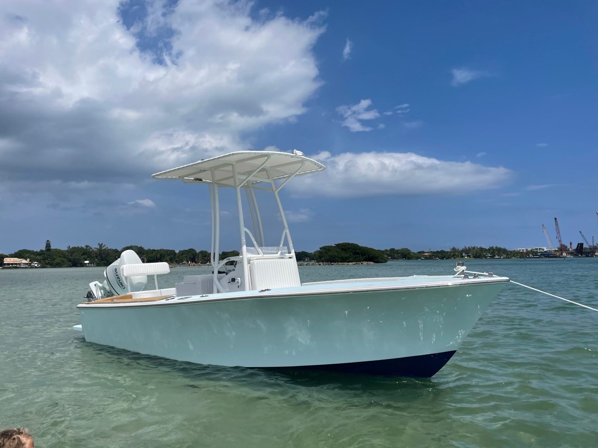 18' SeaCraft freshly detailed, anchored on the water