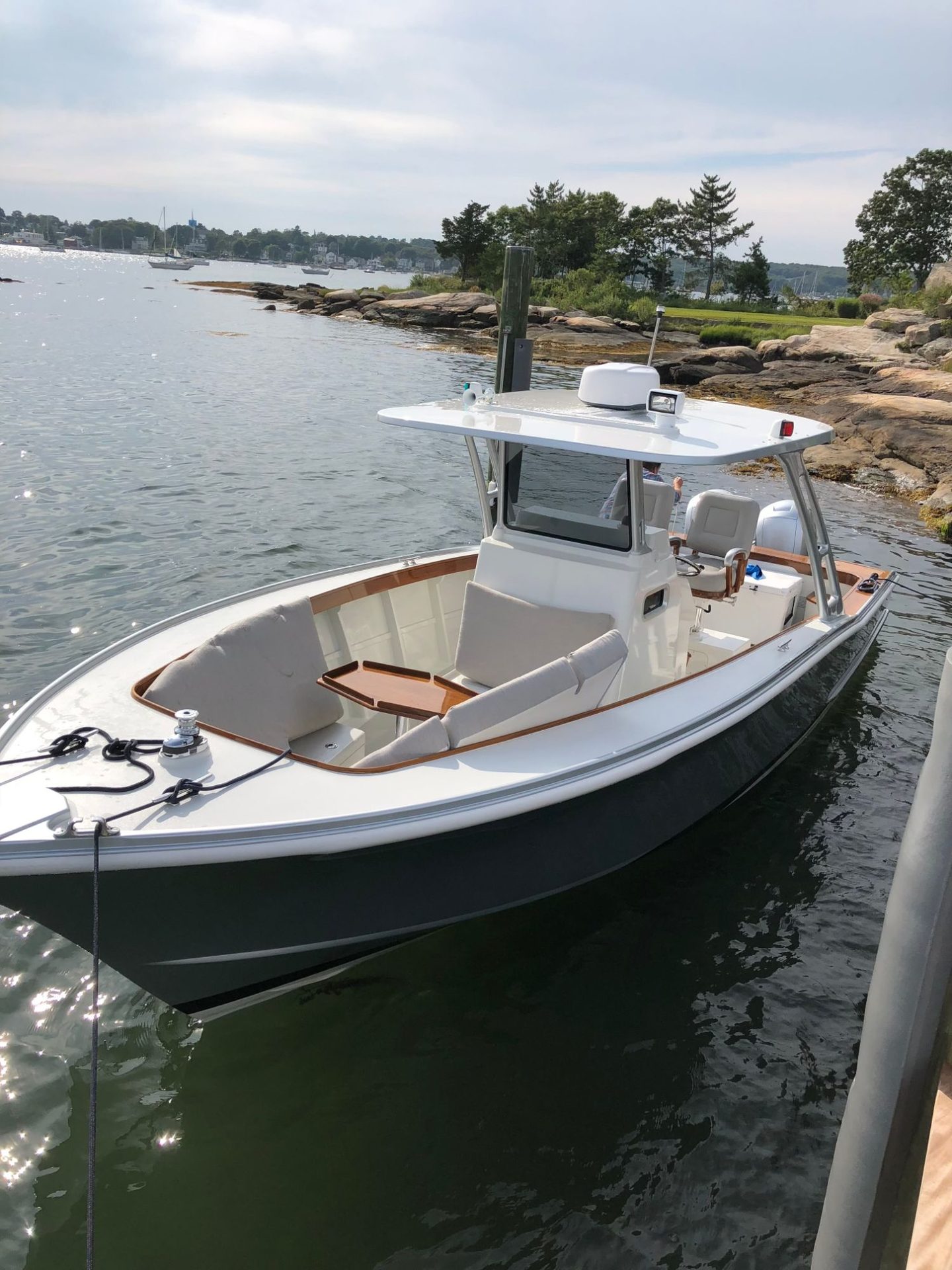 Dark-hulled French & Webb 30' with teak trim, detailed and docked along a rocky coastline