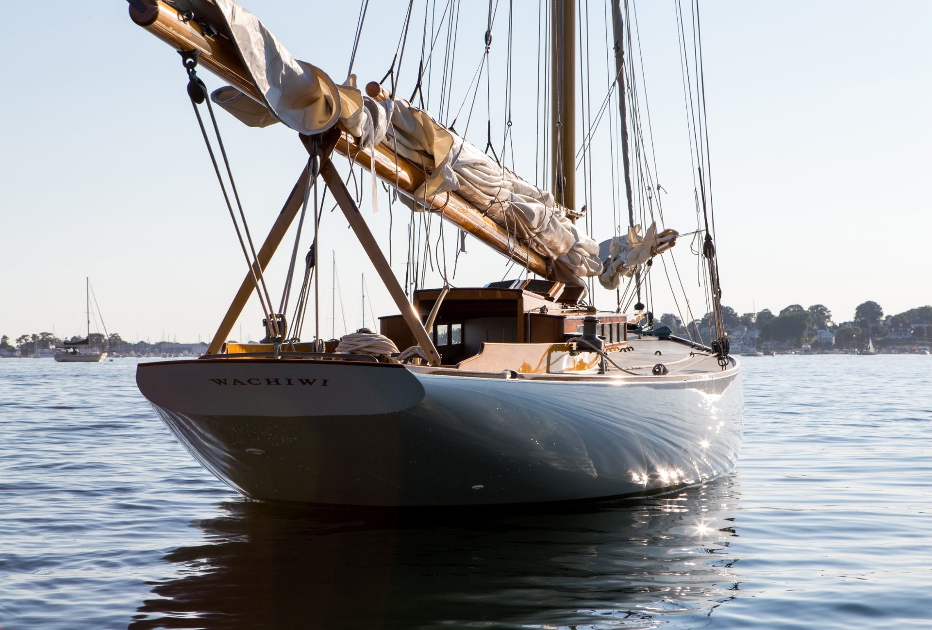 Buzzards Bay 30' sailboat with polished hull and brightwork